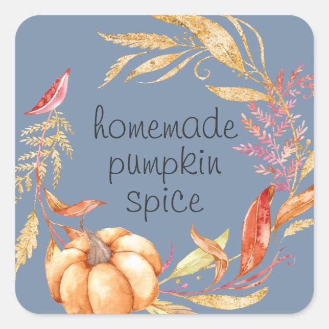 Homemade Pumpkin Spice Watercolor Foliage Blue Square Sticker (Front)