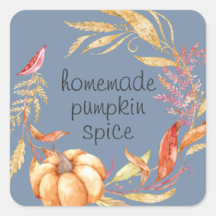 Homemade Pumpkin Spice Watercolor Foliage Blue Square Sticker