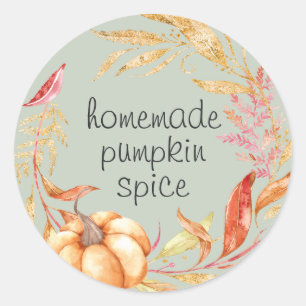Homemade Pumpkin Spice Watercolor Foliage Green Classic Round Sticker