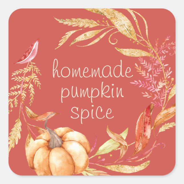 Homemade Pumpkin Spice Watercolor Foliage Red Square Sticker (Front)