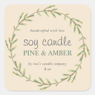 Homemade Soy Candle Pine Sprig Custom Ivory Square Sticker