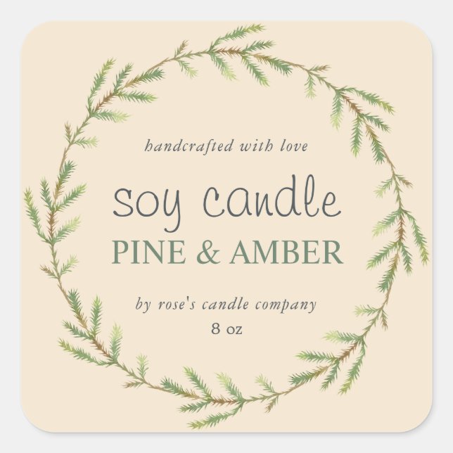 Homemade Soy Candle Pine Sprig Custom Ivory Square Sticker (Front)