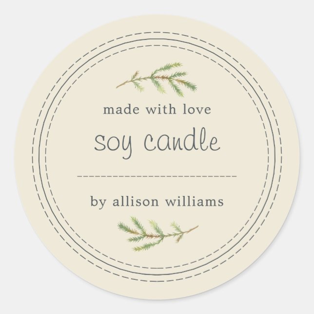 Homemade Soy Candle Pine Sprig Write On Antique Classic Round Sticker (Front)