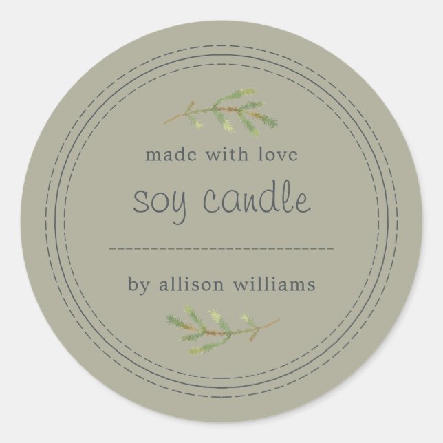 Homemade Soy Candle Pine Sprig Write On Grey Class Classic Round Sticker (Front)