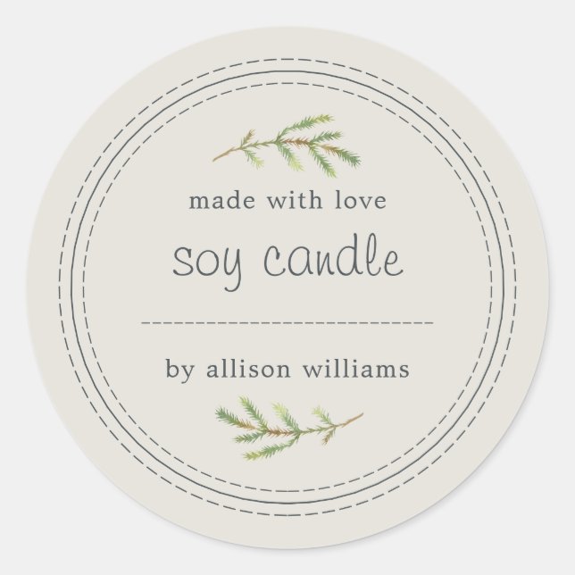 Homemade Soy Candle Pine Sprig Write On Grey Classic Round Sticker (Front)