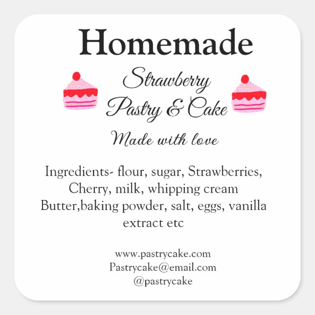 Homemade strawberry cake pastry made with love tex square sticker (Front)