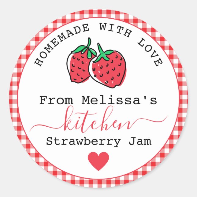 Homemade Strawberry Jam  Farmhouse Red Gingham  Classic Round Sticker (Front)