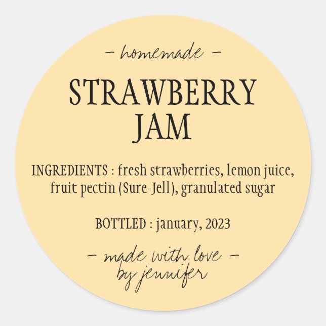 Homemade Strawberry Jam Ingredients yellow Classic Round Sticker (Front)