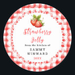 Homemade Strawberry Jelly Label<br><div class="desc">Add a sweet homemade detail to your pantry jars with this delightful strawberry jelly label. Featuring soft watercolor strawberries, a cheerful red gingham border, and delicate lace trim, it gives your preserves a charming farmhouse-inspired look. Ideal for strawberry jelly, homemade jellies, and fruit preserves, this “From the Kitchen Of” label...</div>