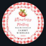 Homemade Strawberry Muffins Label<br><div class="desc">Give your homemade baking a warm finishing touch with this charming strawberry muffins label. Featuring soft watercolor strawberries, a cheerful red gingham background, and delicate lace accents, it adds a cozy farmhouse style to treats shared from your kitchen. Perfect for strawberry muffins, homemade cupcakes, and other freshly baked goodies, this...</div>