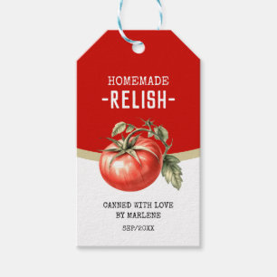Homemade tomato relish with red tomato gift tags