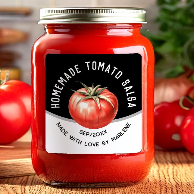 Homemade tomato salsa with red tomato square sticker (Creator Uploaded)