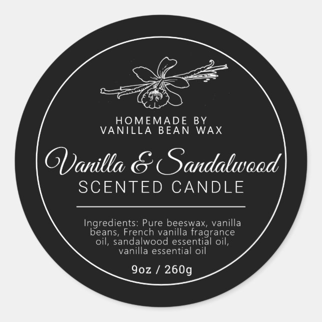 Homemade vanilla sandalwood candle ingredients classic round sticker (Front)
