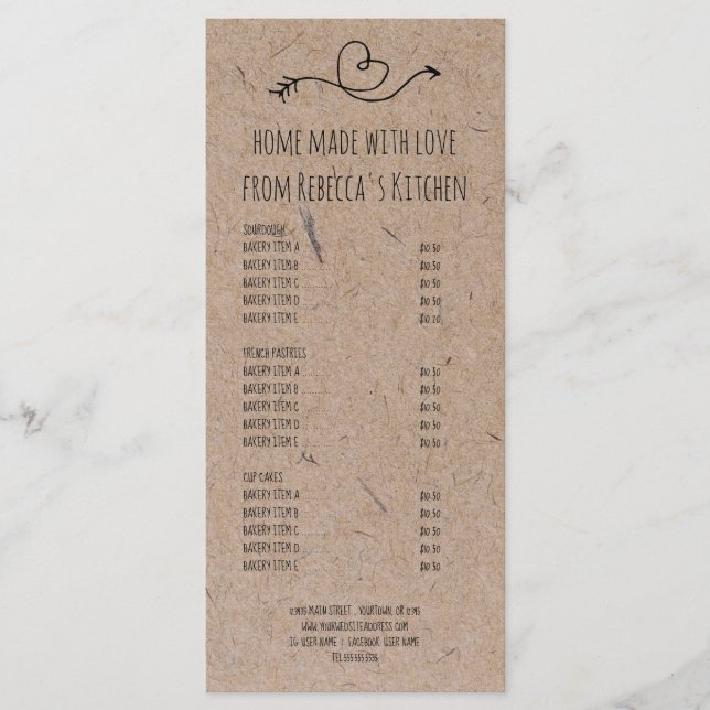 Homemade With Love Bakery Price List &  Menu (Front)