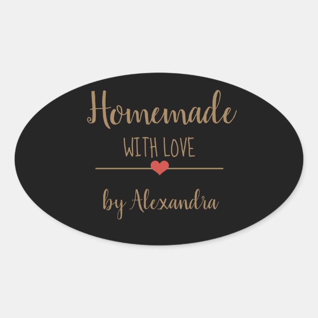 Homemade with love black and gold name oval sticker (Front)