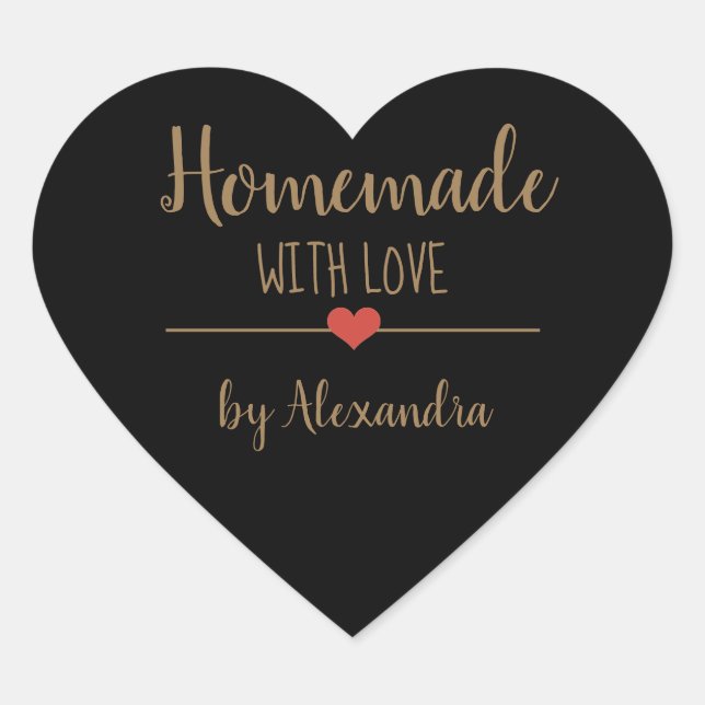 Homemade with love black and gold script name  heart sticker (Front)