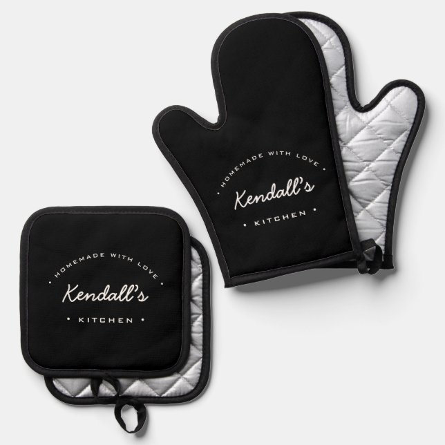 Homemade with Love Black white personalized Oven Mitt & Pot Holder Set (Front/Back)