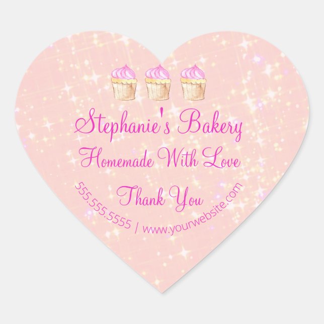 Homemade with Love| Cup Cake Bakery  Pink Glitter Heart Sticker (Front)