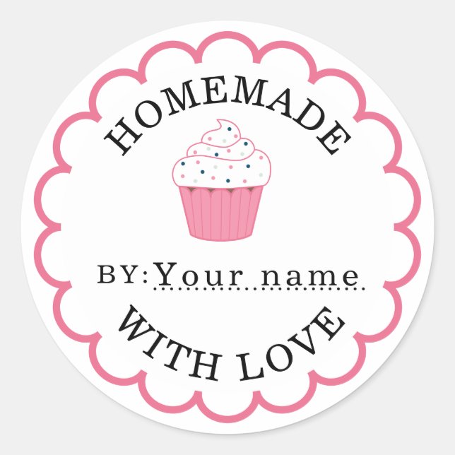 Homemade with love cupcake pink classic round sticker (Front)