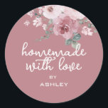 Homemade with Love Floral Rose Burgundy Gift Class Classic Round Sticker<br><div class="desc">Rustic and modern personalized homemade with love sticker feautures stylish white handwritten script calligraphy on a dusty rose background with a stylish touch of a hand painted dusty pink rose floral bouquet. Perfect for all your homemade gifts! Simply add your name to the label. Exclusively designed for you by Happy...</div>