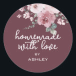 Homemade with Love Floral Rose Burgundy Gift Classic Round Sticker<br><div class="desc">Rustic and modern personalized homemade with love sticker feautures stylish white handwritten script calligraphy on a burgundy background with a stylish touch of a hand painted dusty pink rose floral bouquet. Perfect for all your homemade gifts! Simply add your name to the label. Exclusively designed for you by Happy Dolphin...</div>