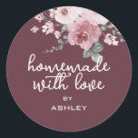Homemade with Love Floral Rose Burgundy Gift Classic Round Sticker<br><div class="desc">Rustic and modern personalized homemade with love sticker feautures stylish white handwritten script calligraphy on a burgundy background with a stylish touch of a hand painted dusty pink rose floral bouquet. Perfect for all your homemade gifts! Simply add your name to the label. Exclusively designed for you by Happy Dolphin...</div>