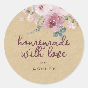 Homemade with Love Floral Rose Kraft Paper Gift Cl Classic Round Sticker