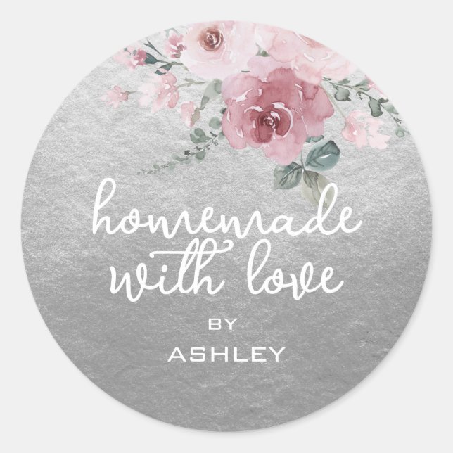 Homemade with Love Floral Rose Solver Gift Classic Round Sticker (Front)