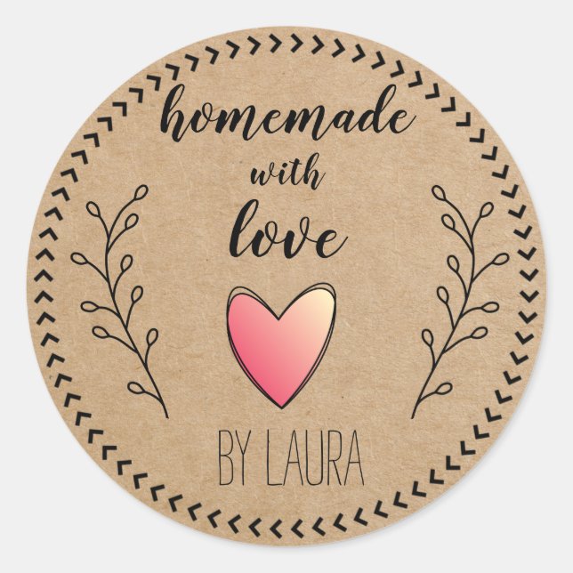 Homemade with Love Heart Kraft Paper Customize Classic Round Sticker (Front)