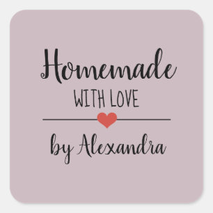 Homemade with love light purple script name square sticker