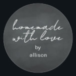 Homemade with Love Personalized Chalkboard Gift Classic Round Sticker<br><div class="desc">Rustic and modern personalized homemade with love sticker feautures stylish handwritten script calligraphy on a chalboard background. Perfect for all your homemade gifts! Simply add your name to the label. Exclusively designed for you by Happy Dolphin Studio!</div>