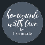 Homemade with Love Personalized Dark Blue Gift Classic Round Sticker<br><div class="desc">Rustic and modern personalized homemade with love sticker feautures stylish handwritten script calligraphy on a dark blue background. Perfect for all your homemade gifts! Simply add your name to the label. Exclusively designed for you by Happy Dolphin Studio!</div>