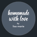 Homemade with Love Personalized Dark Blue Gift  Classic Round Sticker<br><div class="desc">Rustic and modern personalized homemade with love sticker feautures stylish handwritten script calligraphy on a dark blue background. Perfect for all your homemade gifts! Simply add your name to the label. Exclusively designed for you by Happy Dolphin Studio!</div>