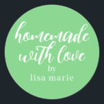 Homemade with Love Personalized Green Gift Classic Round Sticker<br><div class="desc">Rustic and modern personalized homemade with love sticker feautures stylish handwritten script calligraphy on a summer green background. Perfect for all your homemade gifts! Simply add your name to the label. Exclusively designed for you by Happy Dolphin Studio!</div>