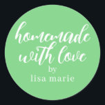 Homemade with Love Personalized Green Gift Classic Round Sticker<br><div class="desc">Rustic and modern personalized homemade with love sticker feautures stylish handwritten script calligraphy on a summer green background. Perfect for all your homemade gifts! Simply add your name to the label. Exclusively designed for you by Happy Dolphin Studio!</div>