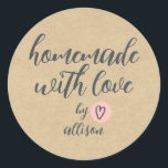 Homemade with Love Personalized Kraft Paper Classic Round Sticker<br><div class="desc">Rustic and modern personalized homemade with love sticker feautures stylish handwritten script calligraphy on a kraft paper background. Perfect for all your homemade gifts! Simply add your name to the label. Exclusively designed for you by Happy Dolphin Studio!</div>