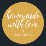 Homemade with Love Personalized Mango Yellow Gift Classic Round Sticker<br><div class="desc">Rustic and modern personalized homemade with love sticker feautures stylish handwritten script calligraphy on a bright mango yellow background. Perfect for all your homemade gifts! Simply add your name to the label. Exclusively designed for you by Happy Dolphin Studio!</div>