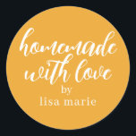 Homemade with Love Personalized Mellow Yellow Gift Classic Round Sticker<br><div class="desc">Rustic and modern personalized homemade with love sticker feautures stylish handwritten script calligraphy on a mellow yellow background. Perfect for all your homemade gifts! Simply add your name to the label. Exclusively designed for you by Happy Dolphin Studio!</div>