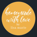 Homemade with Love Personalized Mellow Yellow Gift Classic Round Sticker<br><div class="desc">Rustic and modern personalized homemade with love sticker feautures stylish handwritten script calligraphy on a mellow yellow background. Perfect for all your homemade gifts! Simply add your name to the label. Exclusively designed for you by Happy Dolphin Studio!</div>