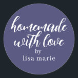 Homemade with Love Personalized Navy Blue Gift Classic Round Sticker<br><div class="desc">Rustic and modern personalized homemade with love sticker feautures stylish handwritten script calligraphy on a navy blue background. Perfect for all your homemade gifts! Simply add your name to the label. Exclusively designed for you by Happy Dolphin Studio!</div>