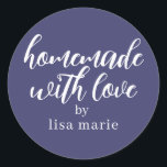 Homemade with Love Personalized Navy Blue Gift Classic Round Sticker<br><div class="desc">Rustic and modern personalized homemade with love sticker feautures stylish handwritten script calligraphy on a navy blue background. Perfect for all your homemade gifts! Simply add your name to the label. Exclusively designed for you by Happy Dolphin Studio!</div>