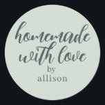Homemade with Love Personalized Pastel Green Gift Classic Round Sticker<br><div class="desc">Rustic and modern personalized homemade with love sticker feautures stylish handwritten script calligraphy on a pastel green background. Perfect for all your homemade gifts! Simply add your name to the label. Exclusively designed for you by Happy Dolphin Studio!</div>