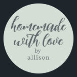 Homemade with Love Personalized Pastel Green Gift Classic Round Sticker<br><div class="desc">Rustic and modern personalized homemade with love sticker feautures stylish handwritten script calligraphy on a pastel green background. Perfect for all your homemade gifts! Simply add your name to the label. Exclusively designed for you by Happy Dolphin Studio!</div>