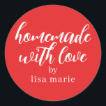 Homemade with Love Personalized Red Gift Classic Round Sticker<br><div class="desc">Rustic and modern personalized homemade with love sticker feautures stylish handwritten script calligraphy on a bright red background. Perfect for all your homemade gifts! Simply add your name to the label. Exclusively designed for you by Happy Dolphin Studio!</div>