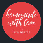Homemade with Love Personalized Red Gift Classic Round Sticker<br><div class="desc">Rustic and modern personalized homemade with love sticker feautures stylish handwritten script calligraphy on a bright red background. Perfect for all your homemade gifts! Simply add your name to the label. Exclusively designed for you by Happy Dolphin Studio!</div>