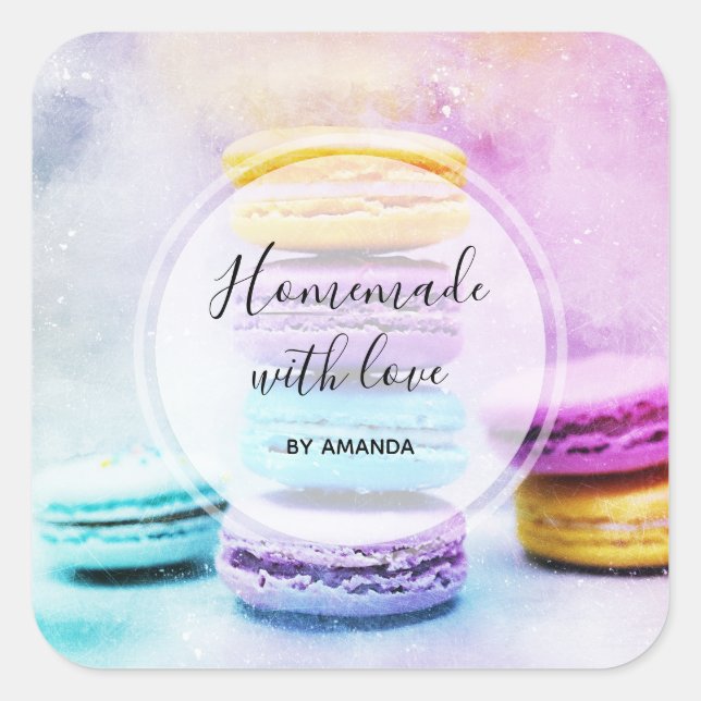Homemade with Love Photo of Colourful Macarons Square Sticker (Front)