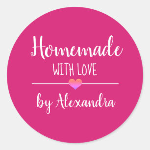 Homemade with love pink script name  classic round sticker