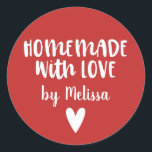 Homemade With Love Red Christmas Classic Round Sticker<br><div class="desc">A personalized "homemade with love" sticker on a red coloured background. Make it yours by adding your own name. A pretty finishing touch for all of your handmade gifts. Designed for you by Blackberry Boulevard.</div>