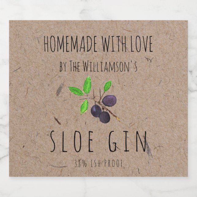 Homemade with Love Sloe Gin Kraft Paper Liquor Bottle Label (Single Label)