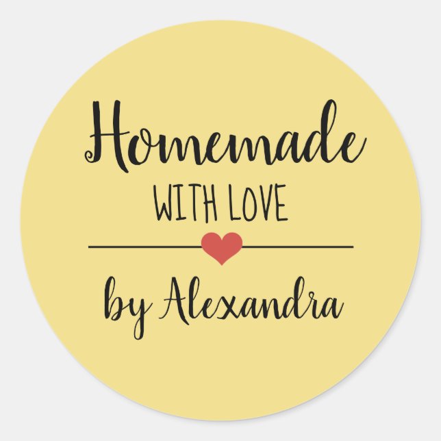 Homemade with love yellow script custom classic round sticker (Front)